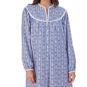 Lanz of Salzburg Flannel Nightgown Tyrolean Blue Stripe Hearts Floral Large NWT